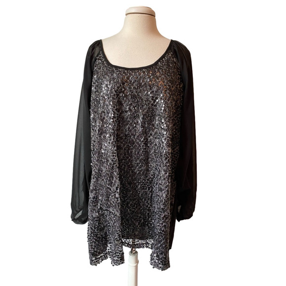 NWT Glam Occasion Metallic Sequin Sheer Balloon Slit Sleeve Whimsigoth Blouse 3X - Picture 1 of 11